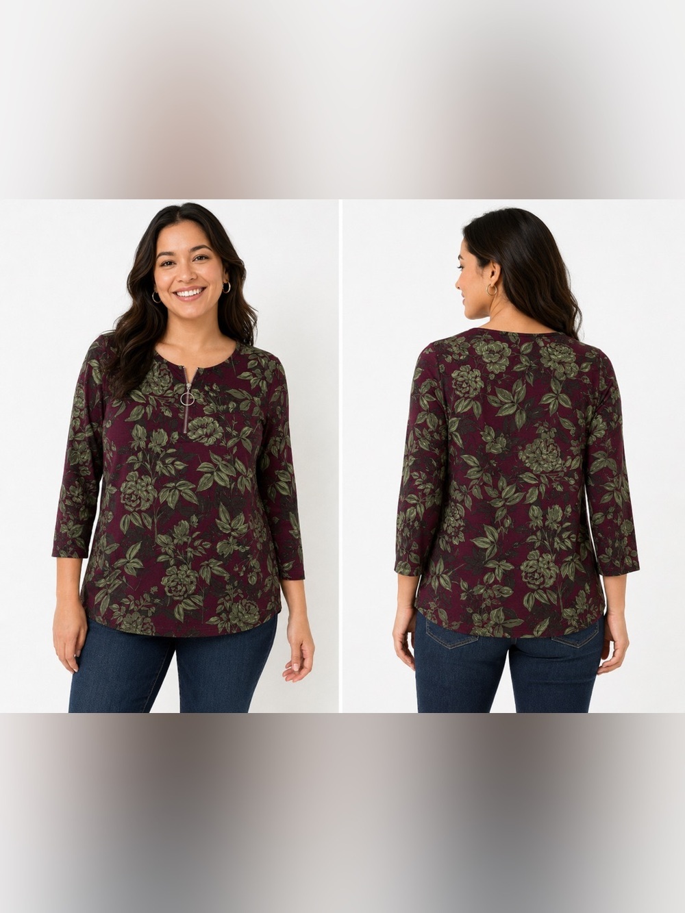 Belle Kim Gravel Burgundy Floral Quarter Zip Top Medium 3/4 Sleeve Stretch